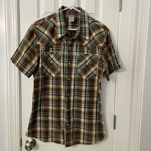 True Religion Men’s Plaid Snap Button Shirt Brown Green Yellow XL